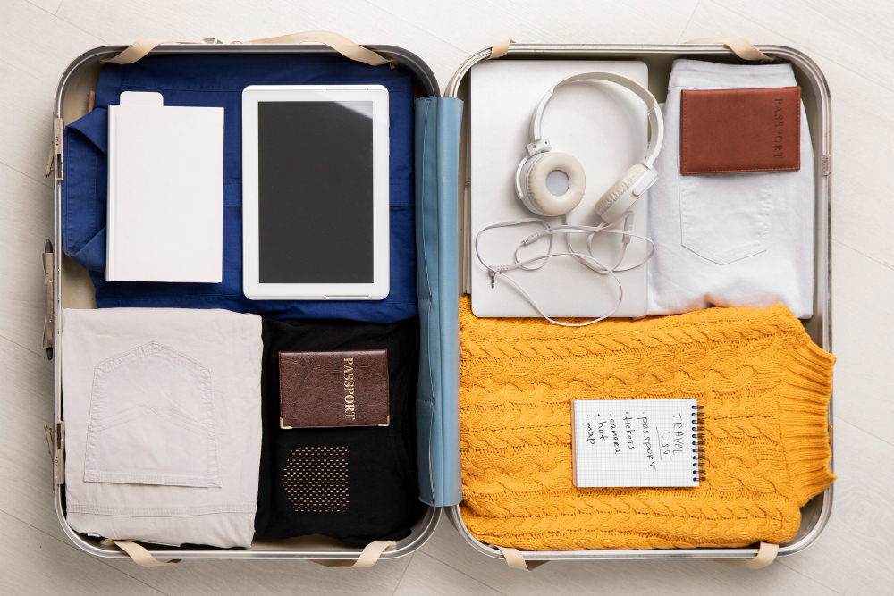 Packed suitcase with clothes and important documents