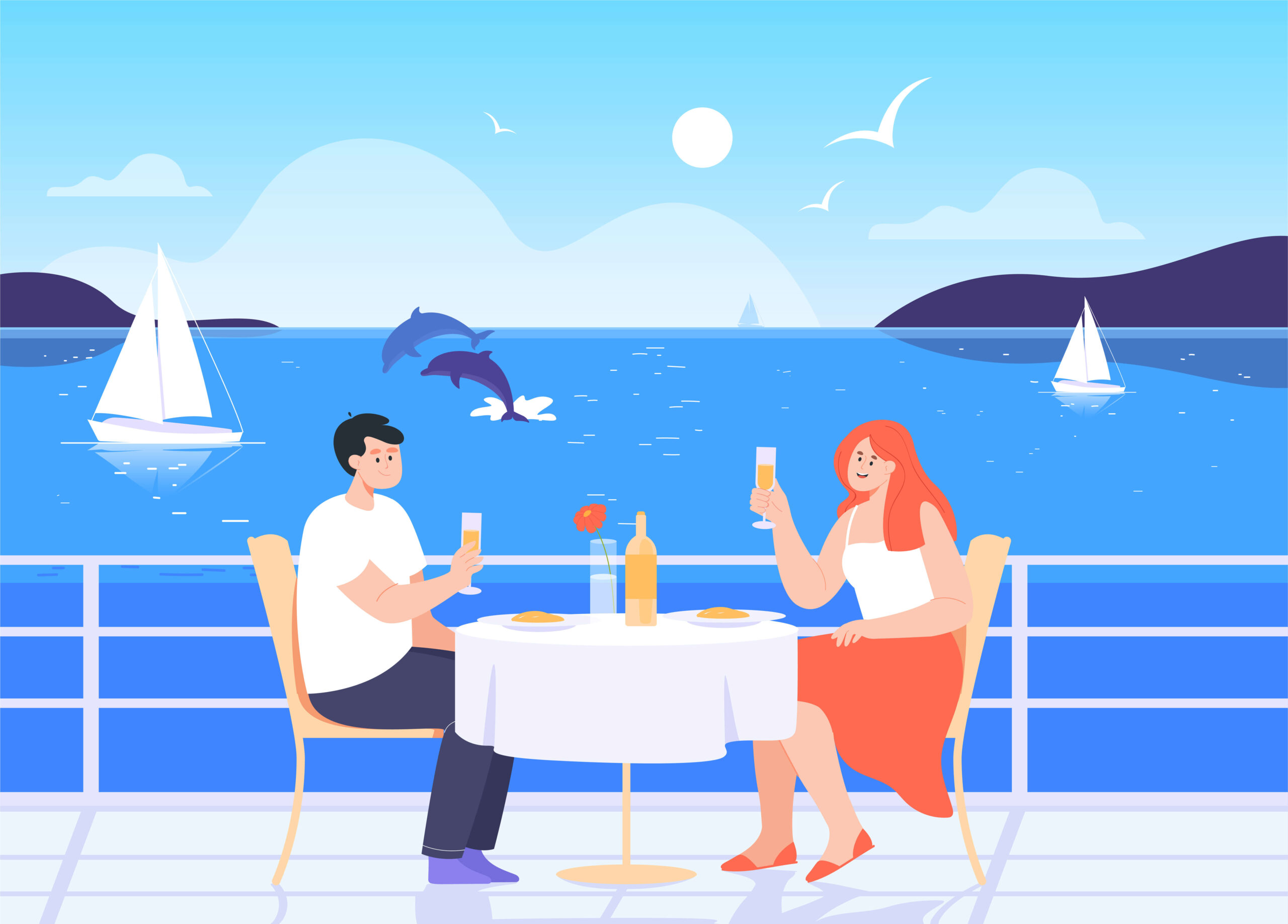 Couple drinking on deck of cruise ship