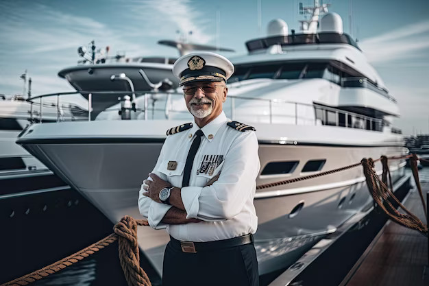 Cruise ship captain in front of the ship