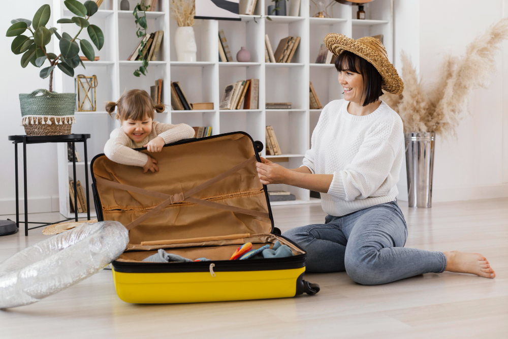 Mom and daughter packing a suitcase
