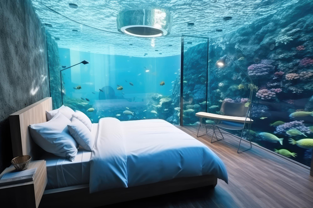 Bedroom with view of the sea underwater