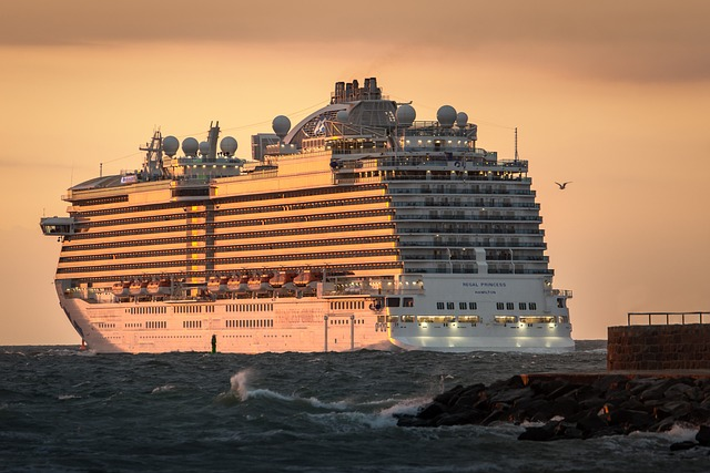 Cruise ship floating under the sunset