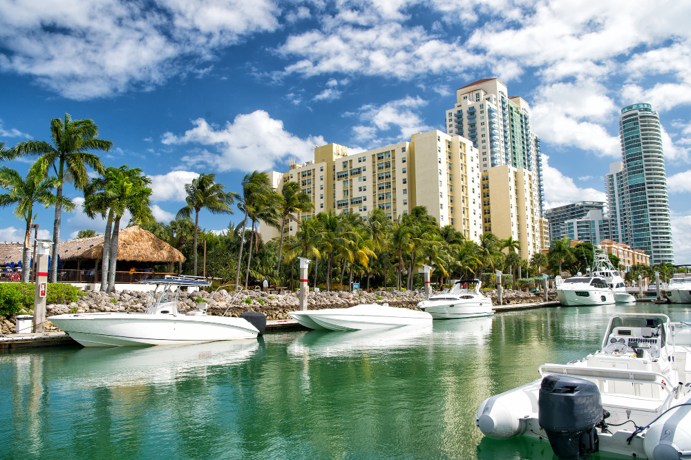 Miami beach coastline with yachts docked