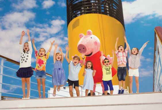 Peppa Pig mascot and kids on a cruise