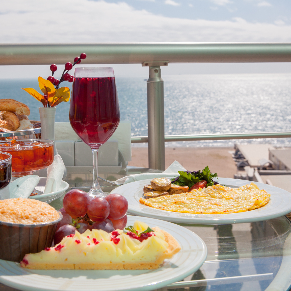 breakfast food with sangria by the balcony
