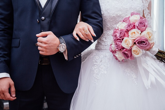 close up photo of a couple in wedding attire