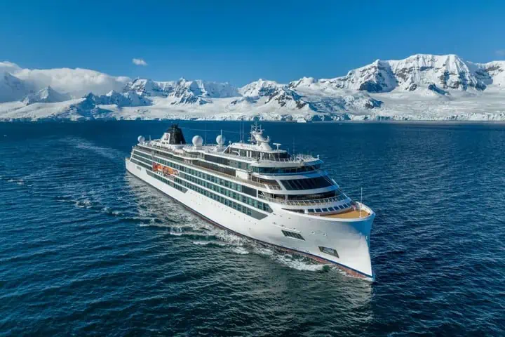 viking cruise ship by the mountain glaciers